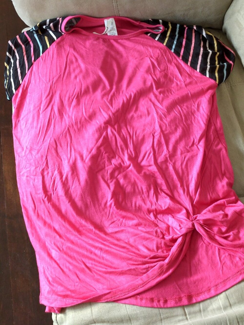 Pink top with black and striped rainbow sleeves sz L by Graceful Hearts